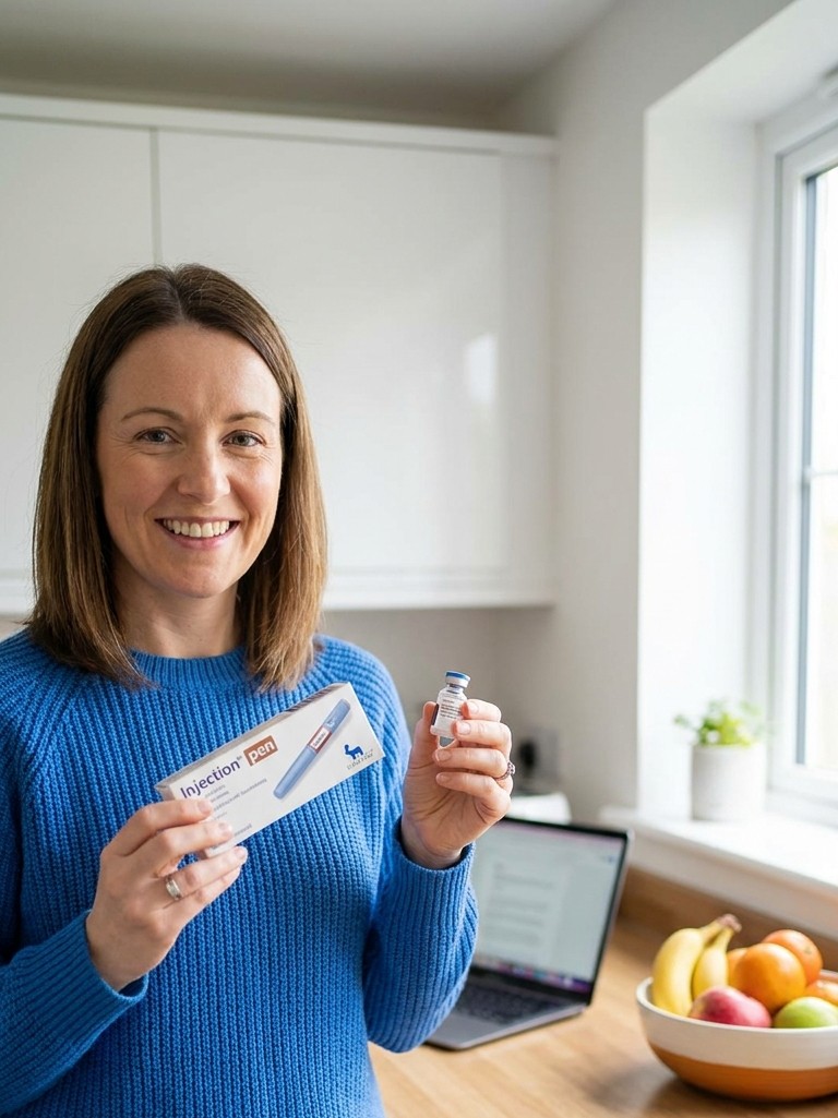 Woman at her kitchen table holding a prescription medication bottle while using her phone